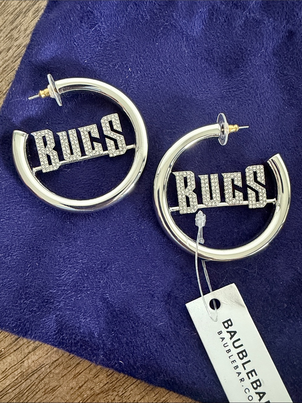 BaubleBar Silver Hoop 'BUCS' Crystal Logo Earrings NWT